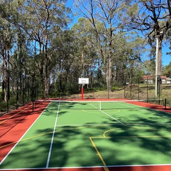Lapangan basket outdoor dengan permukaan acrylic di lingkungan yang rindang